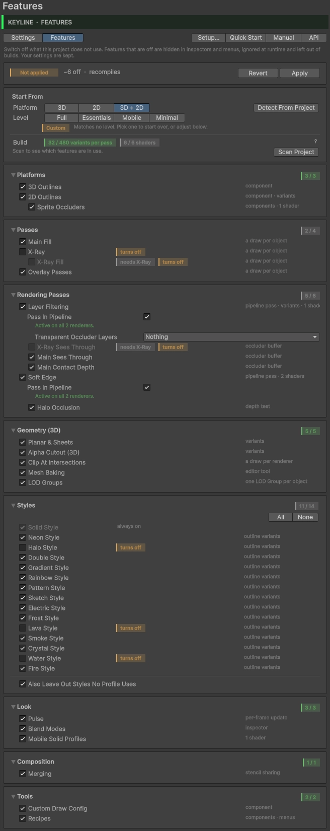 The Features page under Project Settings
