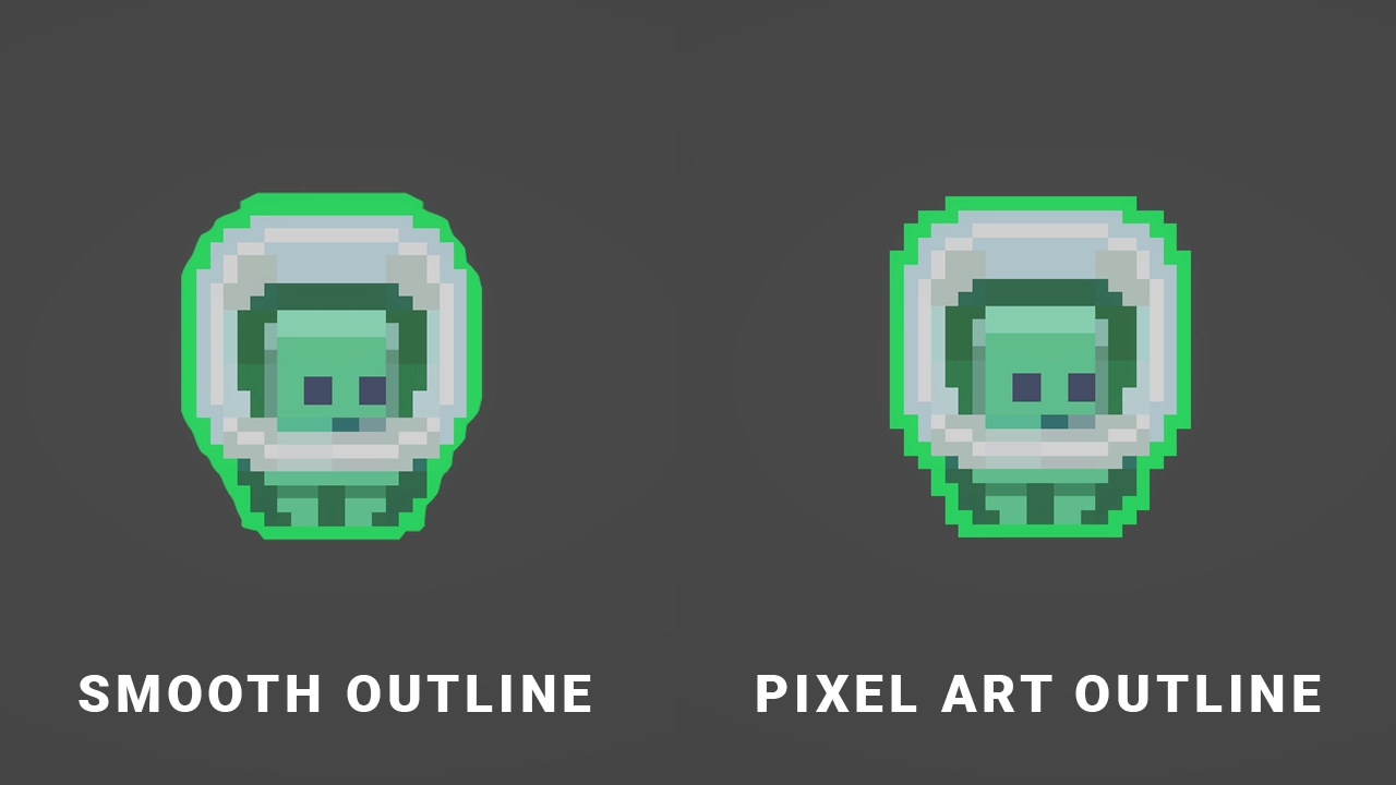 The same pixel art sprite outlined by a smooth field and by a pixel field