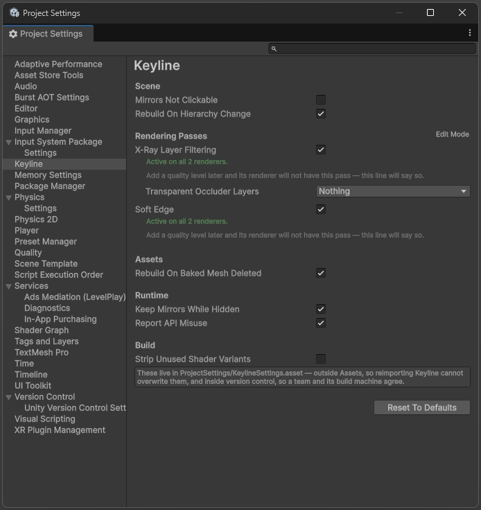 The Keyline page under Project Settings