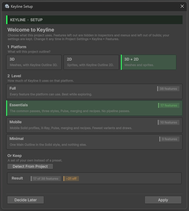 The Keyline Setup window