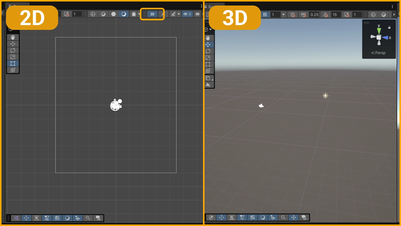 Сравнение 2D- и 3D-сцены в редакторе Unity
