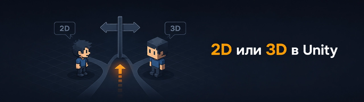 2D или 3D в Unity: развилка с плоским 2D-персонажем и объёмным 3D-персонажем на тёмном фоне