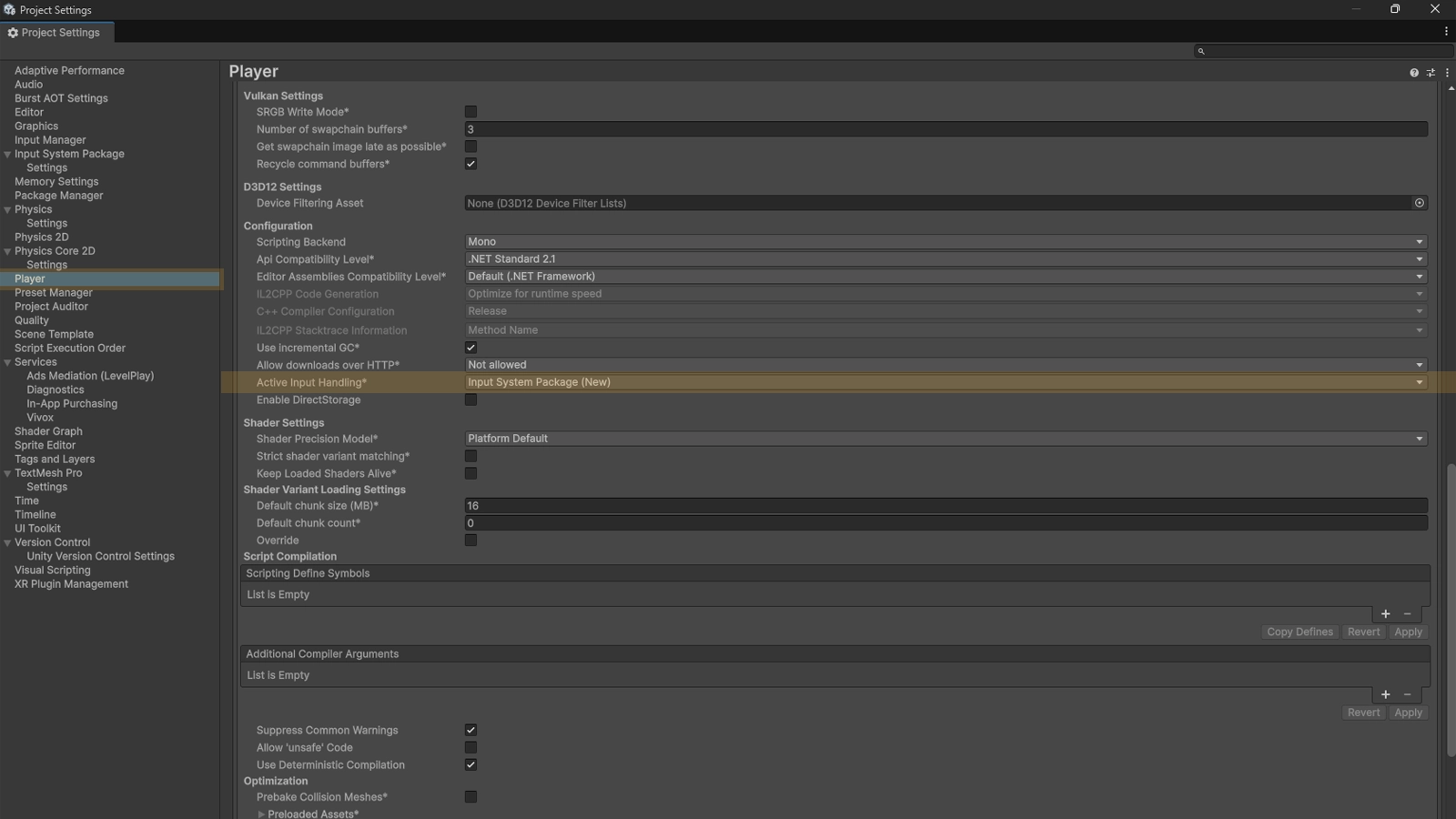 Окно Project Settings в Unity: параметр Active Input Handling со значением Input System Package
