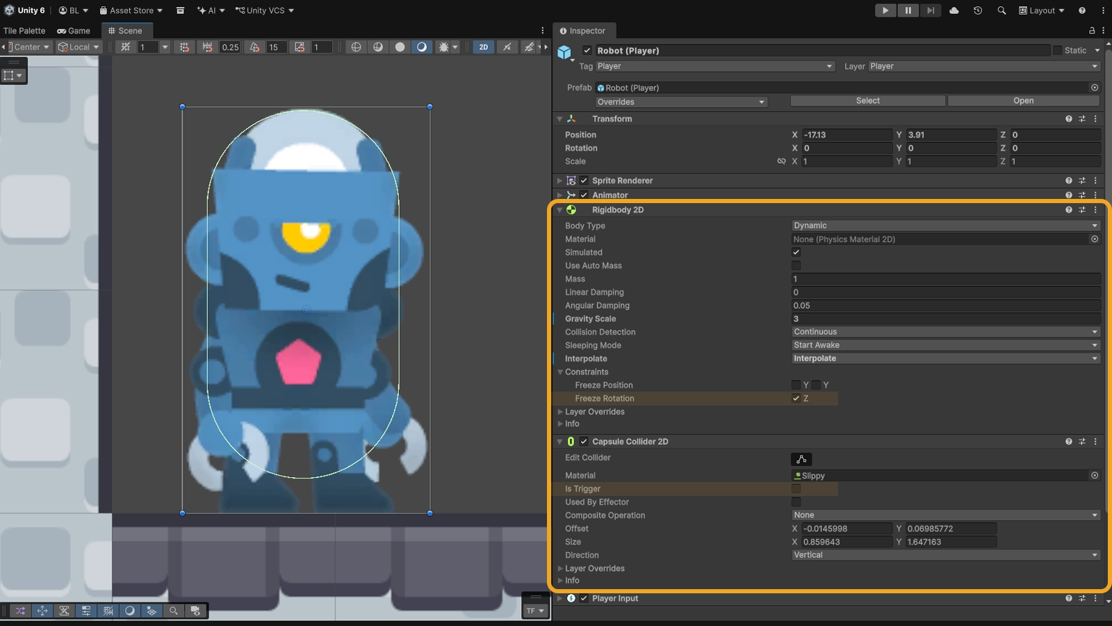 Инспектор Unity: компонент Rigidbody2D с включённым Freeze Rotation Z и Capsule Collider 2D на персонаже