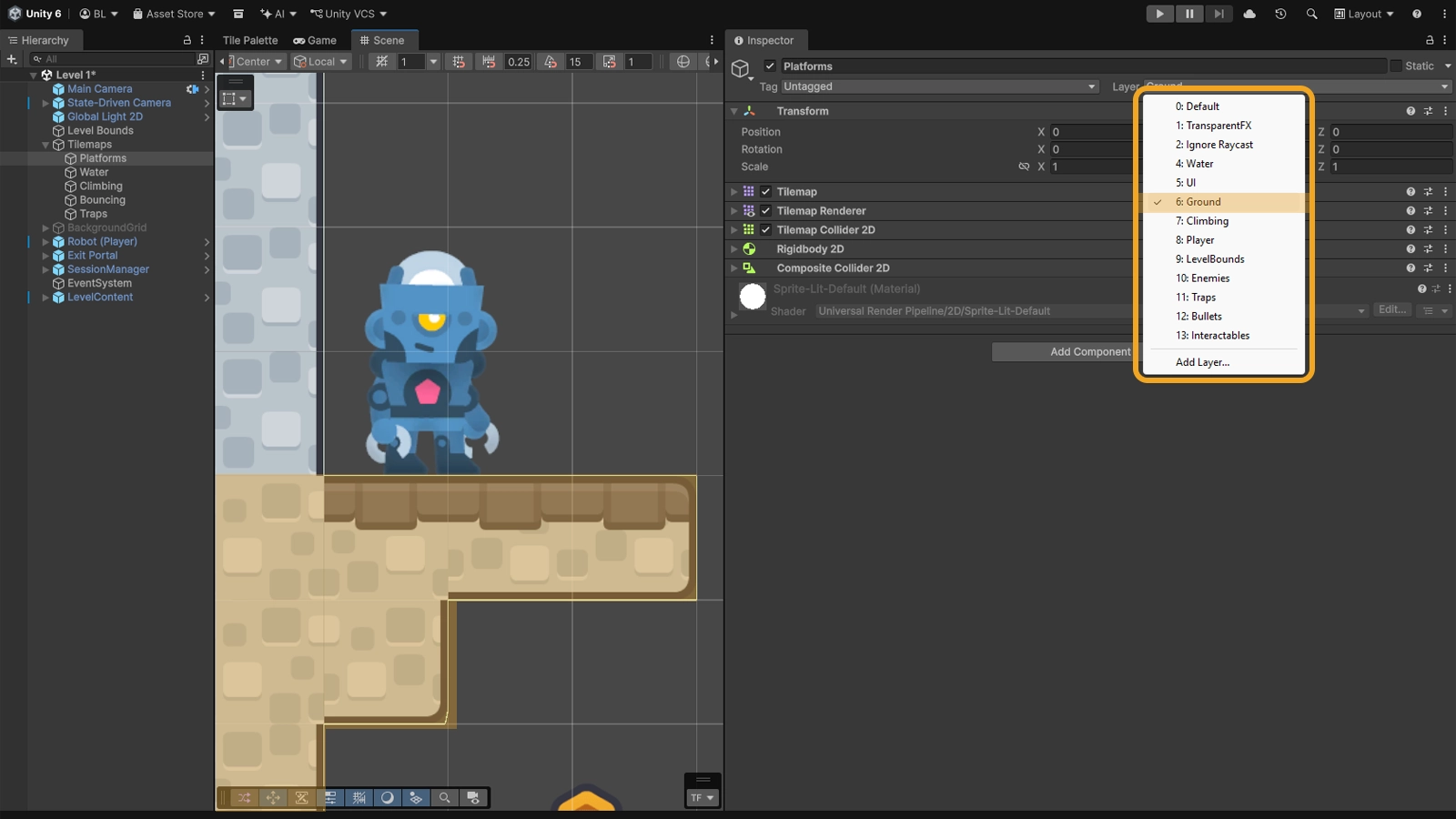 Инспектор Unity: платформа с Box Collider 2D и назначенным слоем Ground