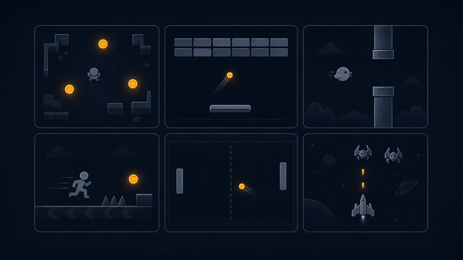Коллаж простых игр для первого проекта: сбор монеток, арканоид, флэппи, раннер, пинг-понг, шутер