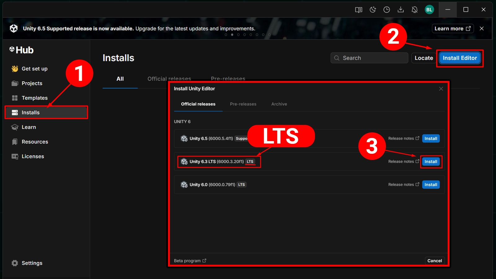 Окно Unity Hub с выбором версии редактора Unity и меткой LTS