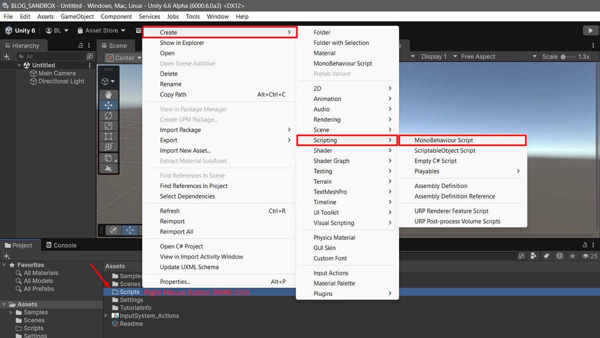 Контекстное меню окна Project в Unity 6: Create, Scripting, MonoBehaviour Script