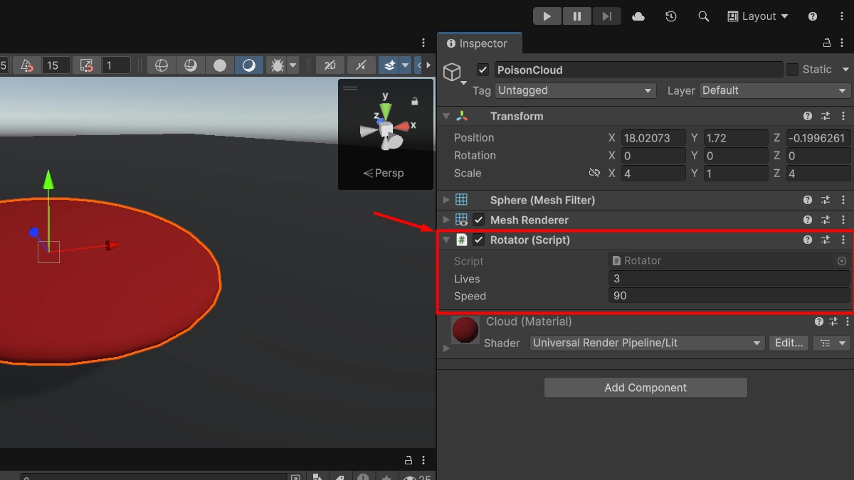 Компонент Rotator в Inspector Unity: видны поля Lives и Speed, приватное поле и HideInInspector скрыты