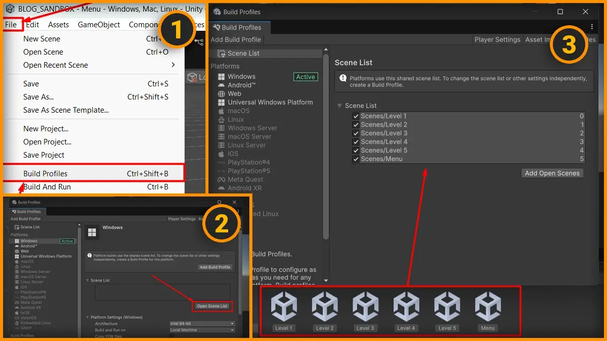 Окно Build Profiles в Unity со списком сцен-уровней и их индексами