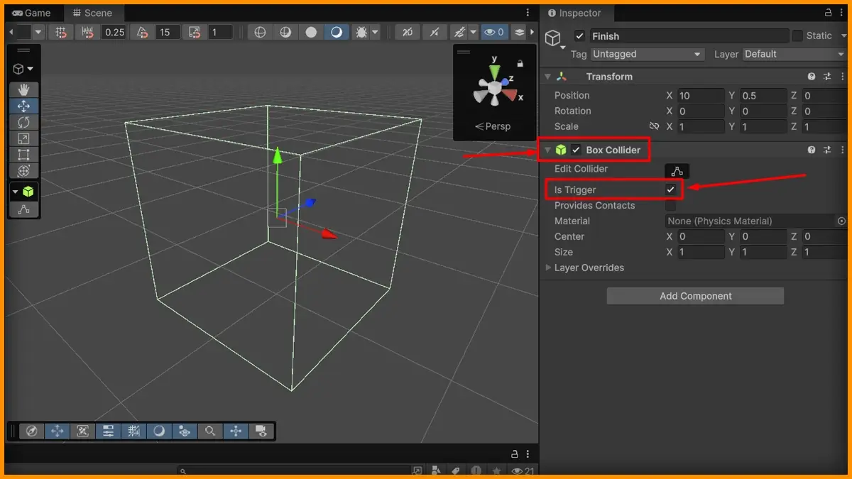 Настройка Box Collider с галочкой Is Trigger в инспекторе Unity